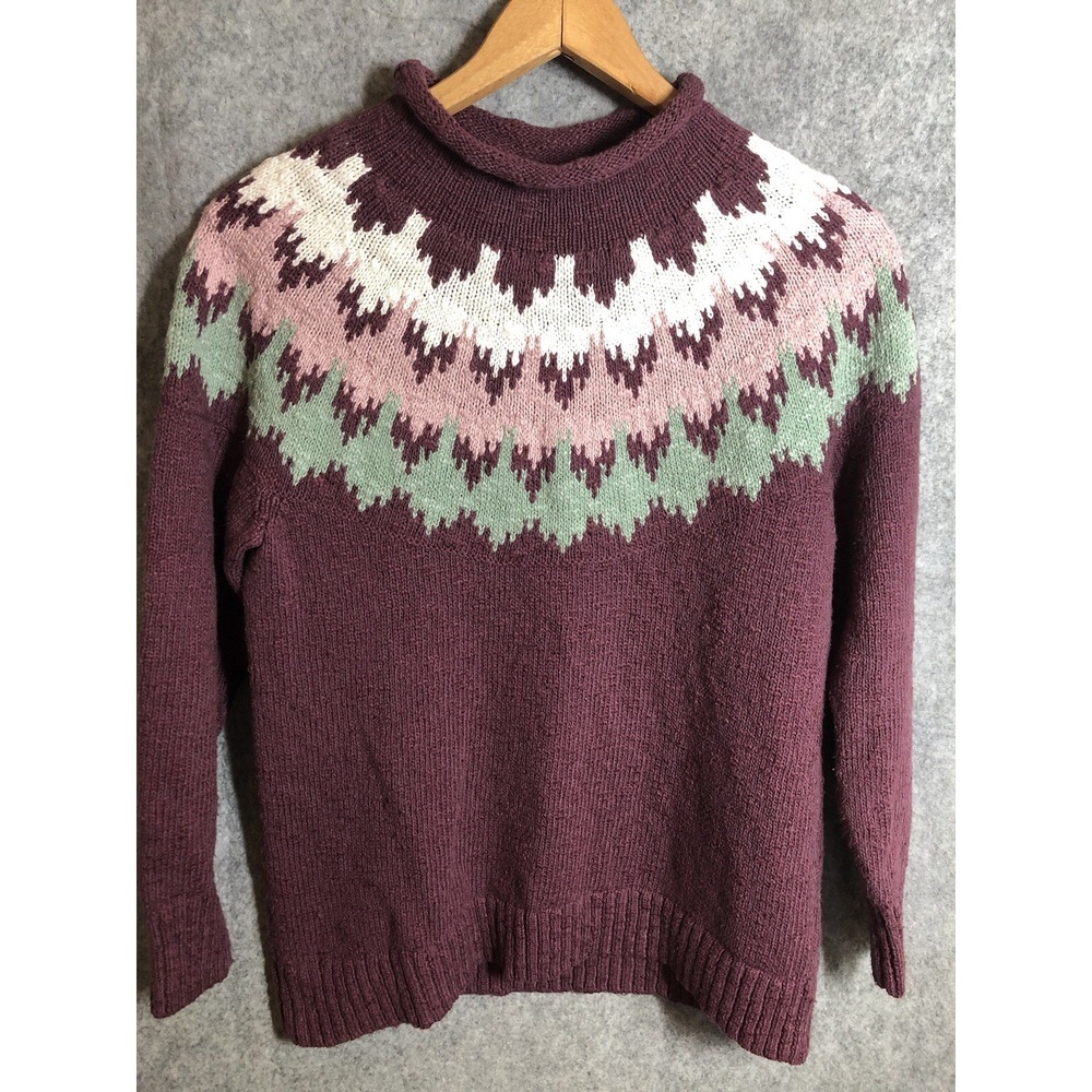 L.L. Bean Sweater Womens Medium Maroon Cotton Roll Collar Fair Isle Classic
